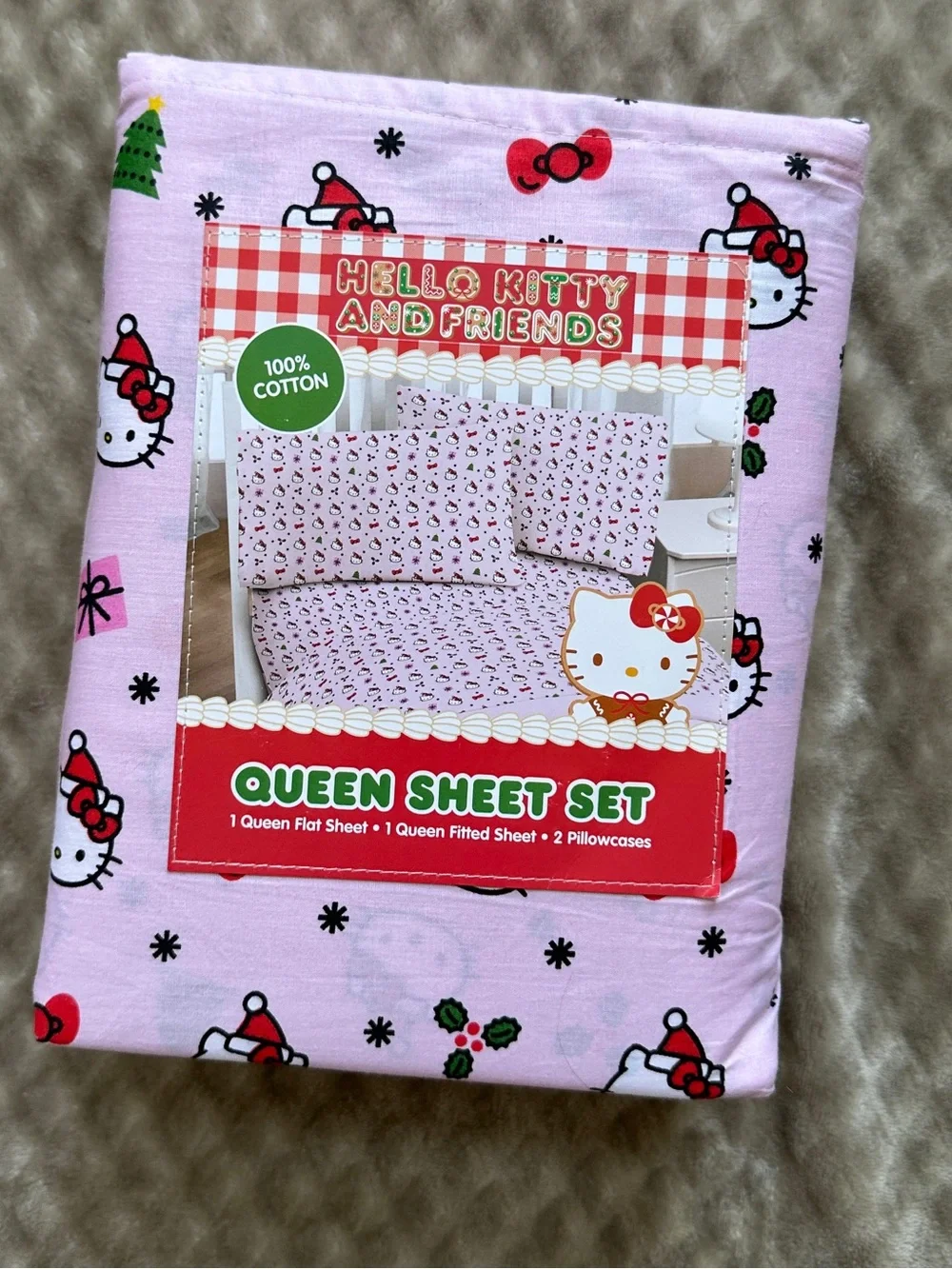 Hello Kitty Pink Holiday Queen Sheet Set